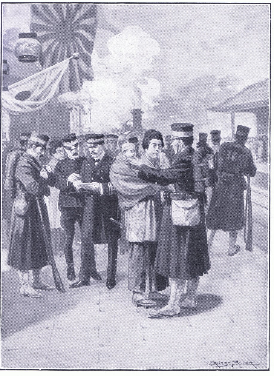 Csapatok elhagyják Tokiót, illusztráció a Cassells Az orosz-japán háború története, 1. kötet, 1900 körül alkotó: Ernest Prater