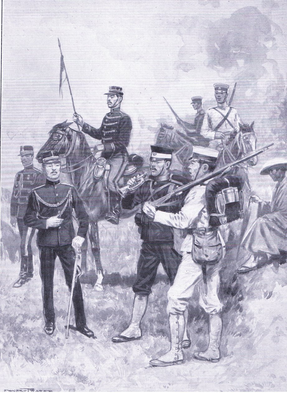 Japán katonák típusai, illusztráció: Cassells Az orosz-japán háború története, 1. kötet, 1900 körül alkotó: Ernest Prater