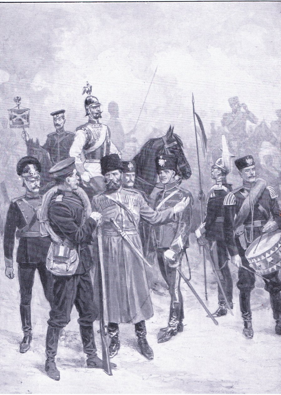 Orosz katonák típusai, illusztráció: Cassells Az orosz-japán háború története, 1. kötet, 1900 körül alkotó: Ernest Prater