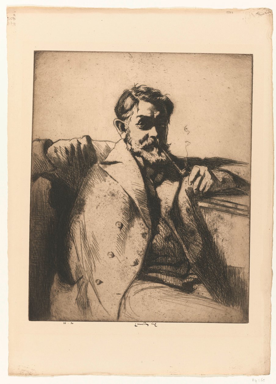 Sir Frank Brangwyn portréja pipával alkotó: Ernest Stephen Lumsden (signed by artist)