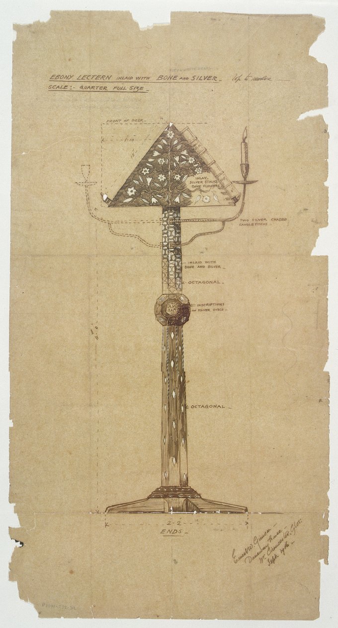 Ebony Lectern dizájn csonttal és ezüsttel kirakott St. Andrews Church számára, Roker 1906 (toll és tinta papíron) alkotó: Ernest William Gimson