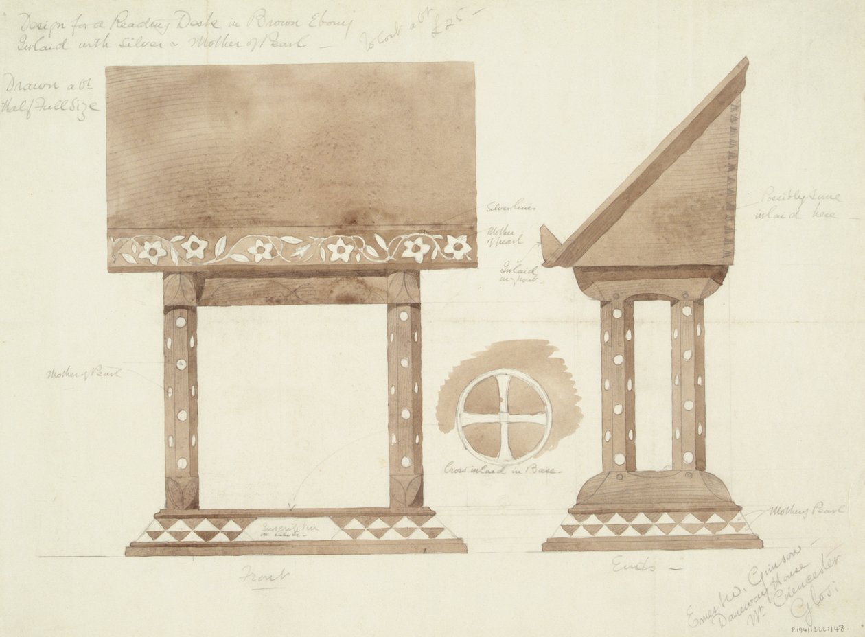 Dizájn barna ébenfa olvasóasztalhoz, ezüsttel és gyöngyházzal kirakott, 1905-1915 körül (wc ceruzával papíron) alkotó: Ernest William Gimson