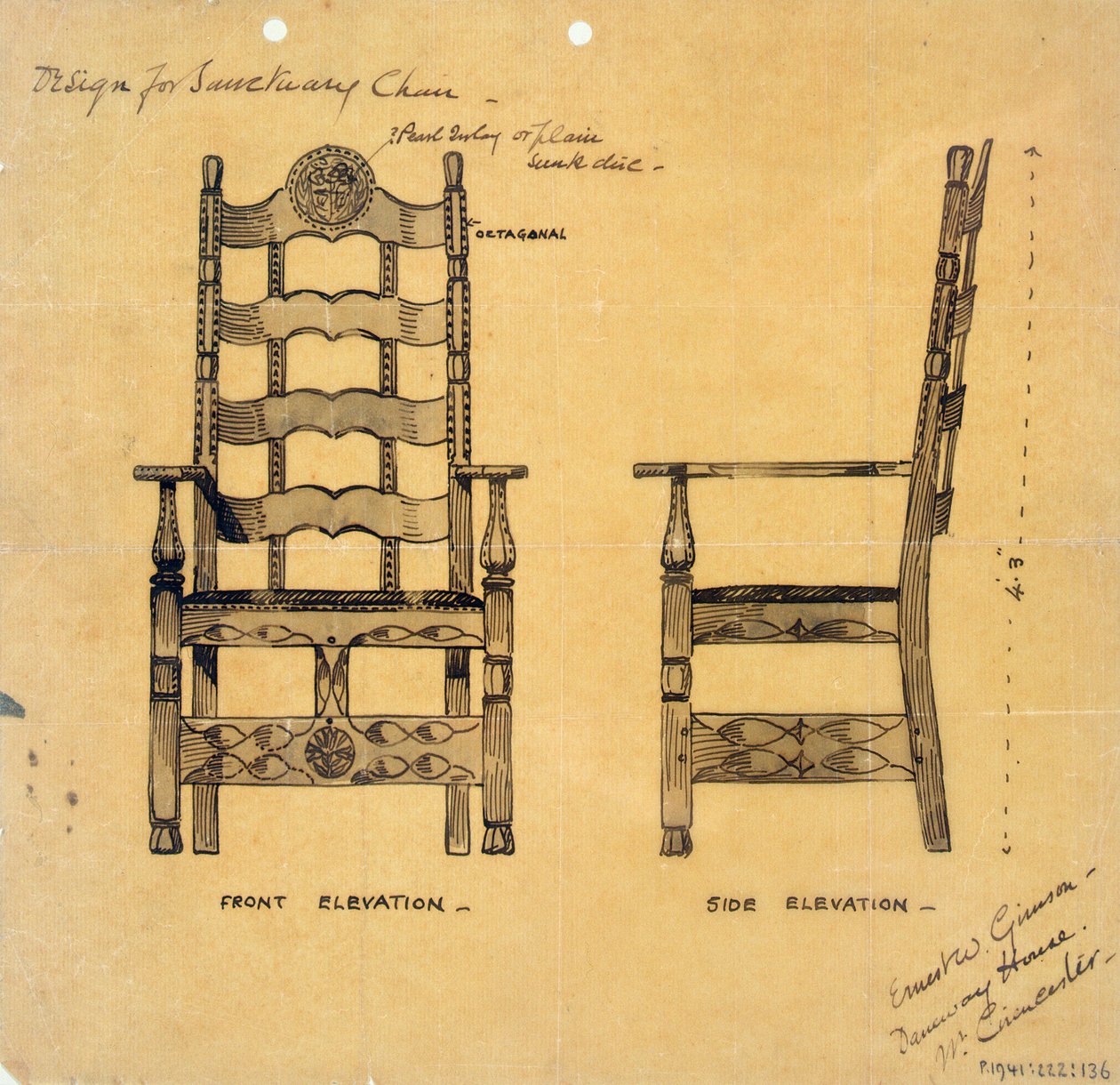 Design for Sanctuary Chair, 1905-25 körül (toll- és tintamosás papíron) alkotó: Ernest William Gimson
