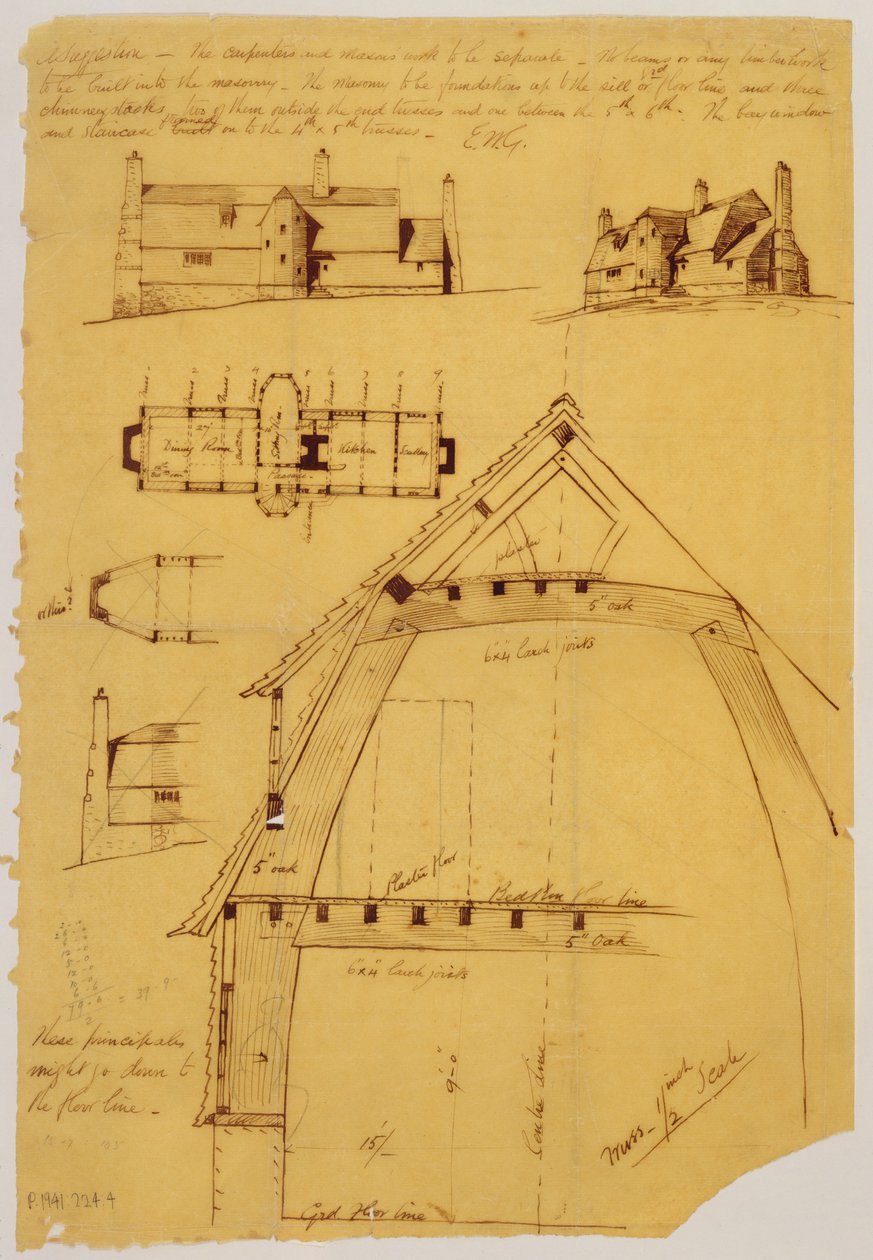 A ház megtekintése, terve és részlete (tinta és ceruza papíron) alkotó: Ernest William Gimson
