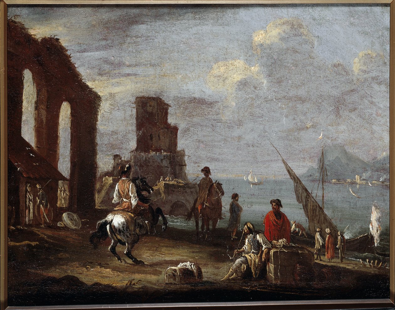 Táj romokkal a tenger közelében Ernesto Monsu Daret festménye (17. század) V 40x50 cm Gének, Musei di Strada Nuova (ex Palazzo Bianco) alkotó: Ernest called Monsu Ernesto Daret