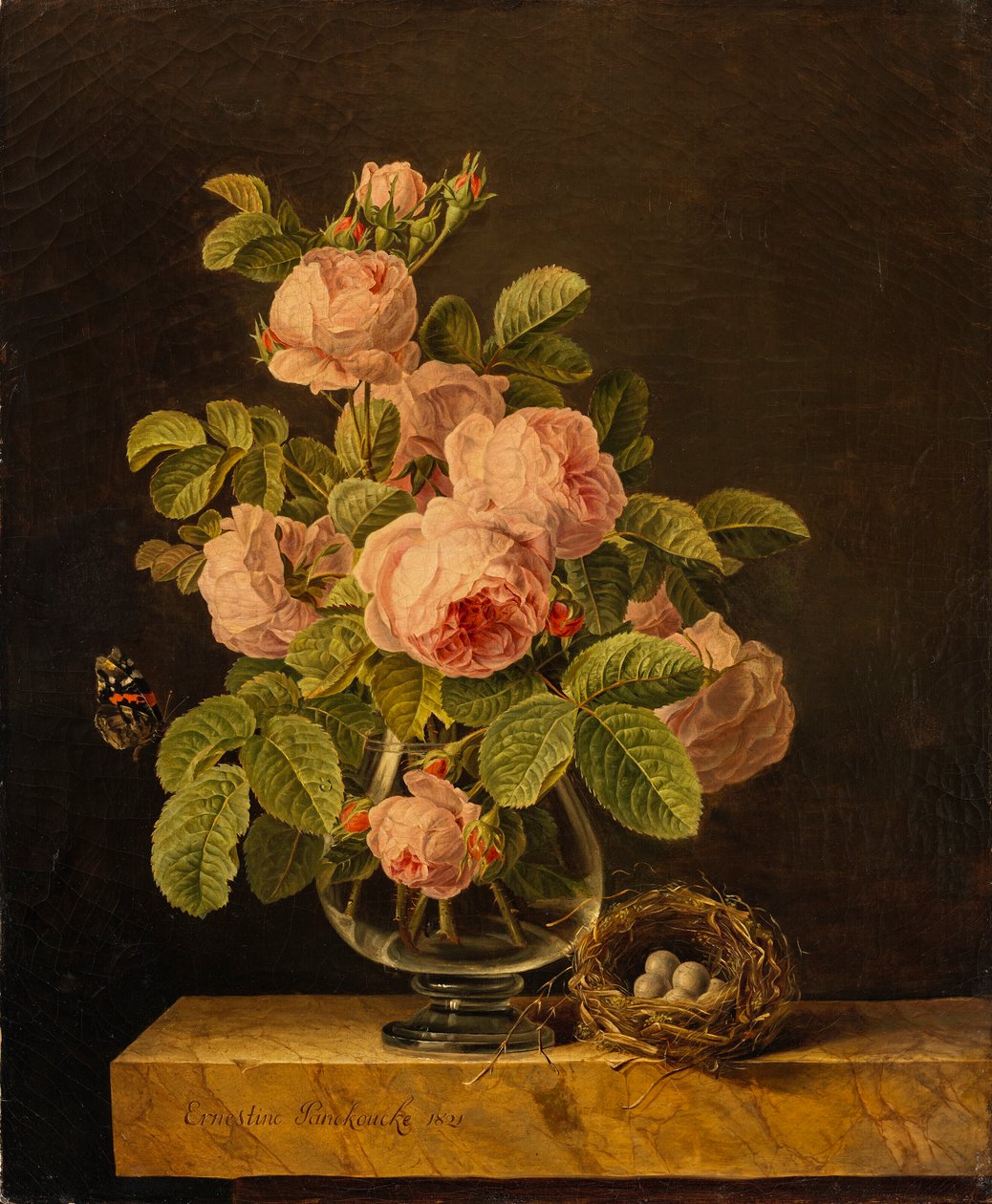 Ernestine Panckoucke - Rózsaváza egy pillangóval és egy fészekkel egy párkányon alkotó: Ernestine Panckoucke