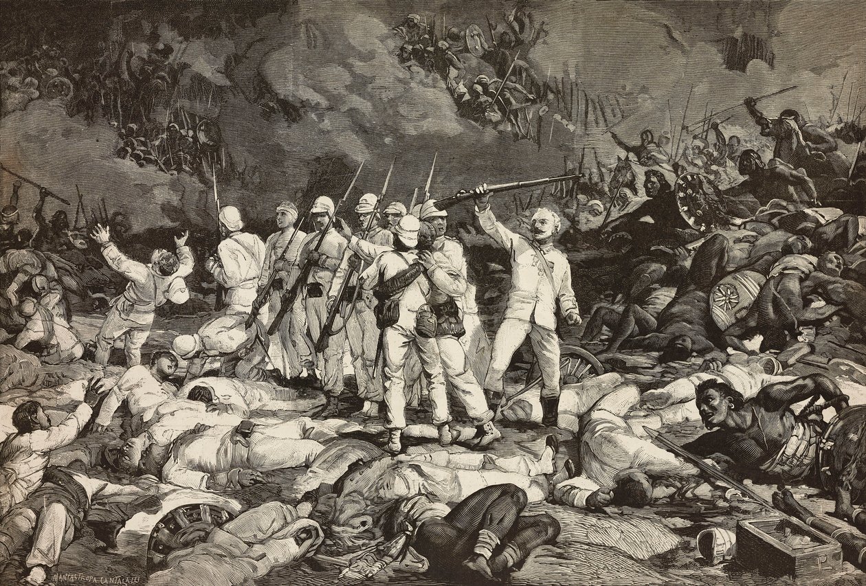 Dogali csata, az utolsó túlélők fegyvert mutatnak be, tisztelegnek az elesetteknek, Eritreai háború, Ernesto Mancastroppa és Cantagalli metszet Ludovico Pogliaghi rajzából és kompozíciójából, a L