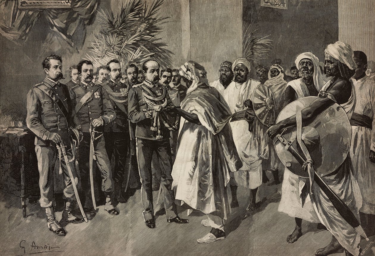 Tancredi Saletta tábornok kardot ajánl Kantibainak, Abab főnökének, Massawa, Eritreai háború, Ernesto Mancastroppa metszet G Amato rajzából, L