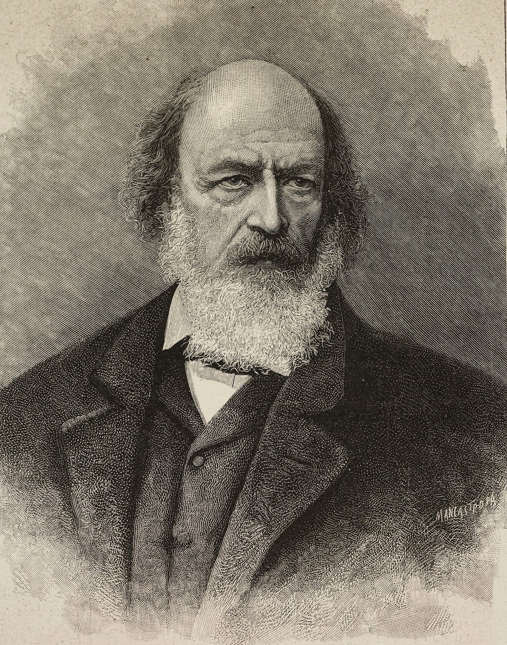 Alfred Tennyson (1809-1892) brit költő portréja, Ernesto Mancastroppa metszete Barraud fényképéből, L