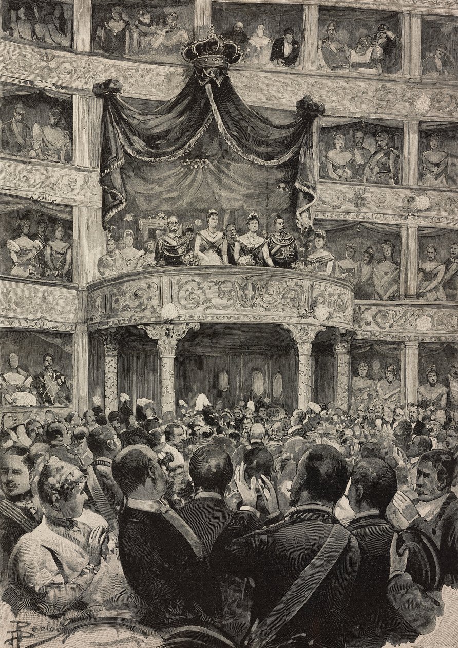 I. Umberto és Savoyai Margherita Németország uralkodói kíséretében a Teatro Argentina-ban ezüstlakodalom alkalmából, április 21-én alkotó: Ernesto Mancastroppa