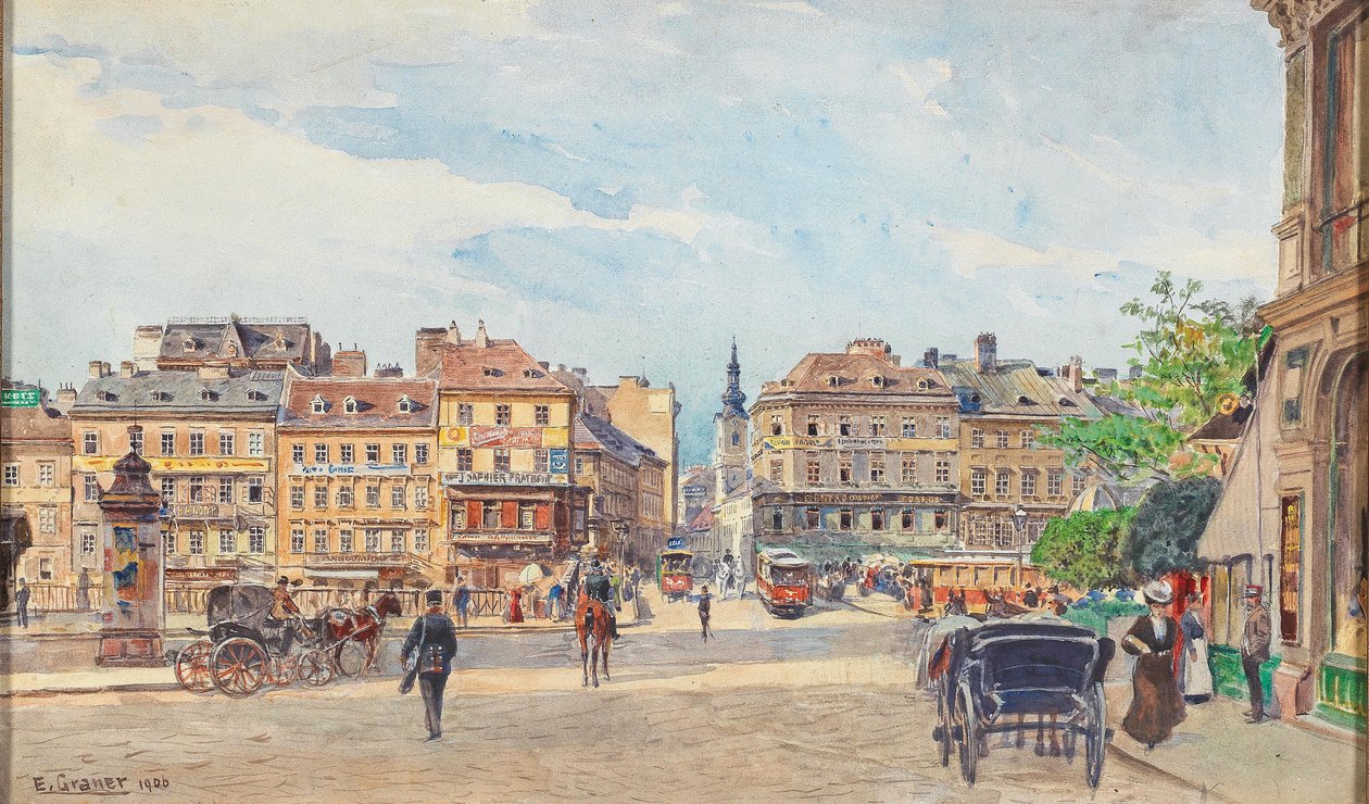 Donaukanal mit Ferdinandsbrucke und Blick in die Taborstraen Angol: A Duna -csatorna a Ferdinánd -híddal és kilátással a Taborstrassen -re alkotó: Ernst Graner
