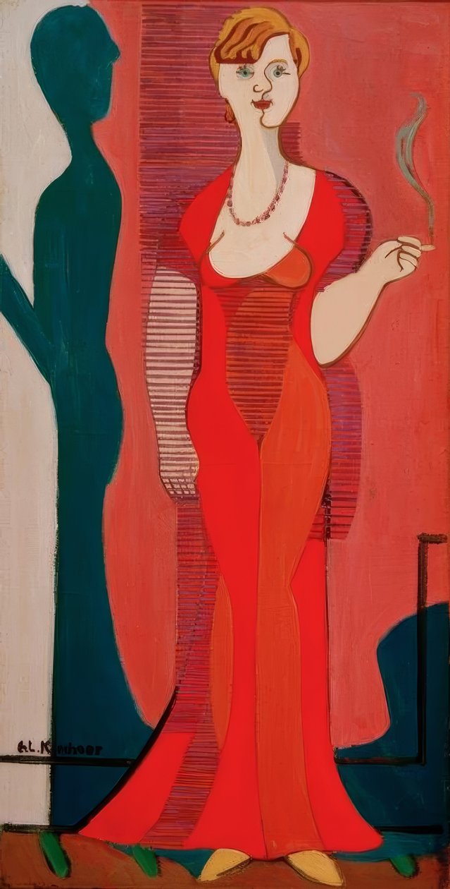 Szőke nő piros ruhában. Erzsébet Hembus portréja alkotó: Ernst Ludwig Kirchner