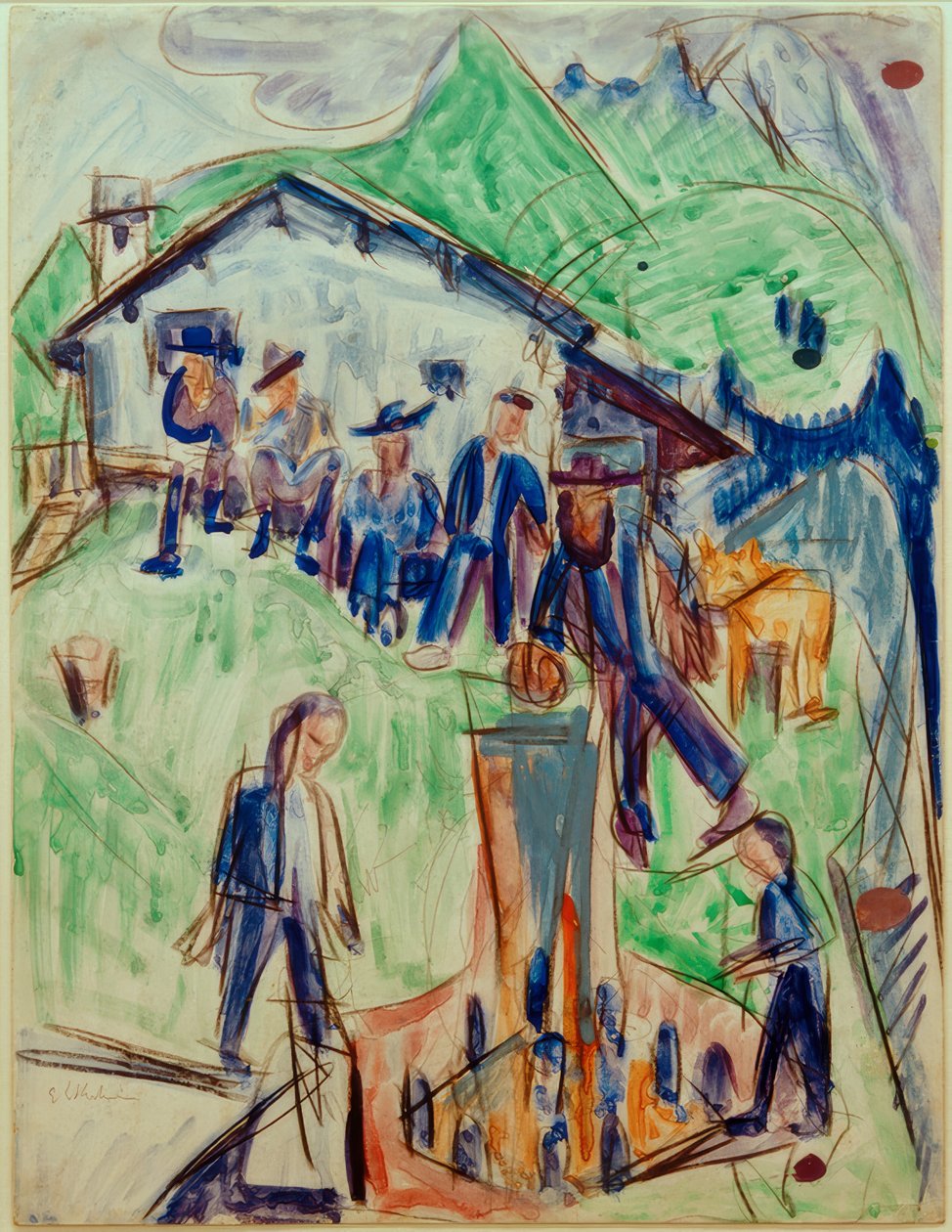 E.L. Kirchner, farmerek a Stafelalp kunyhó előtti szökőkútnál alkotó: Ernst Ludwig Kirchner