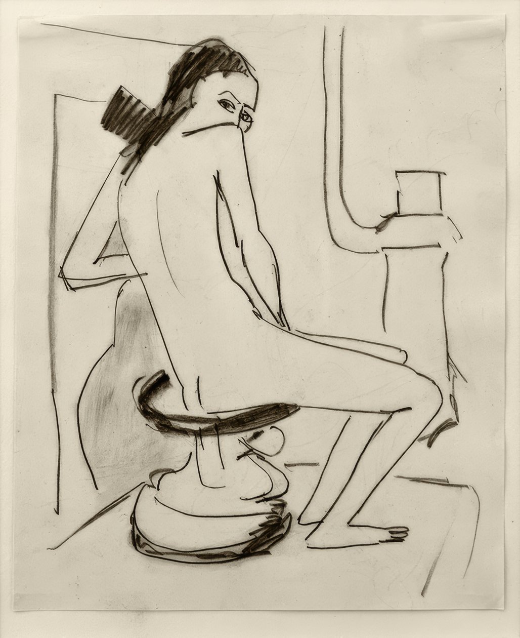 Cím nélkül (Marcella egy faragott afrikai zsámolyon tűzhellyel... alkotó: Ernst Ludwig Kirchner
