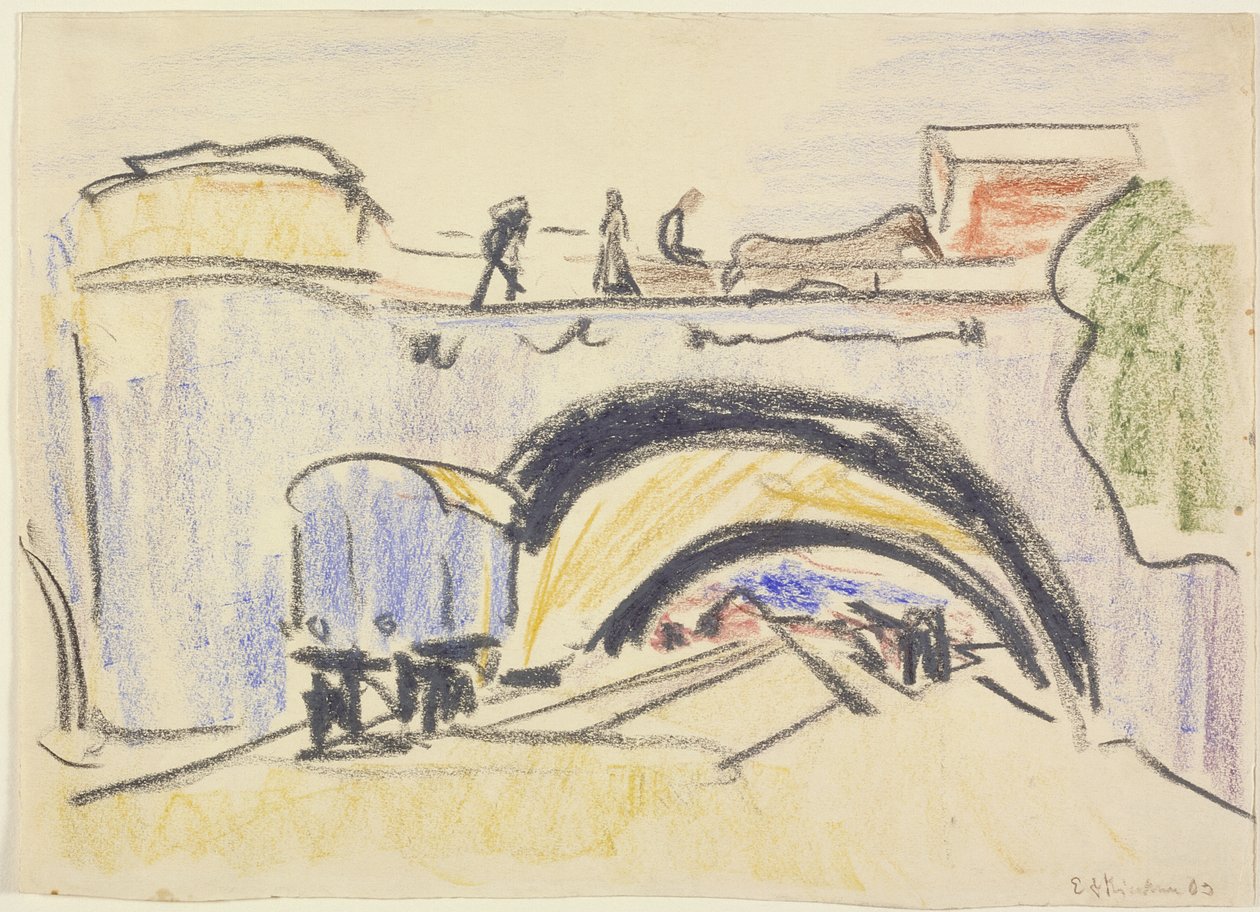 Vasút és híd, 1903 (zsírkréta és szén, nehéz vászonpapír) alkotó: Ernst Ludwig Kirchner