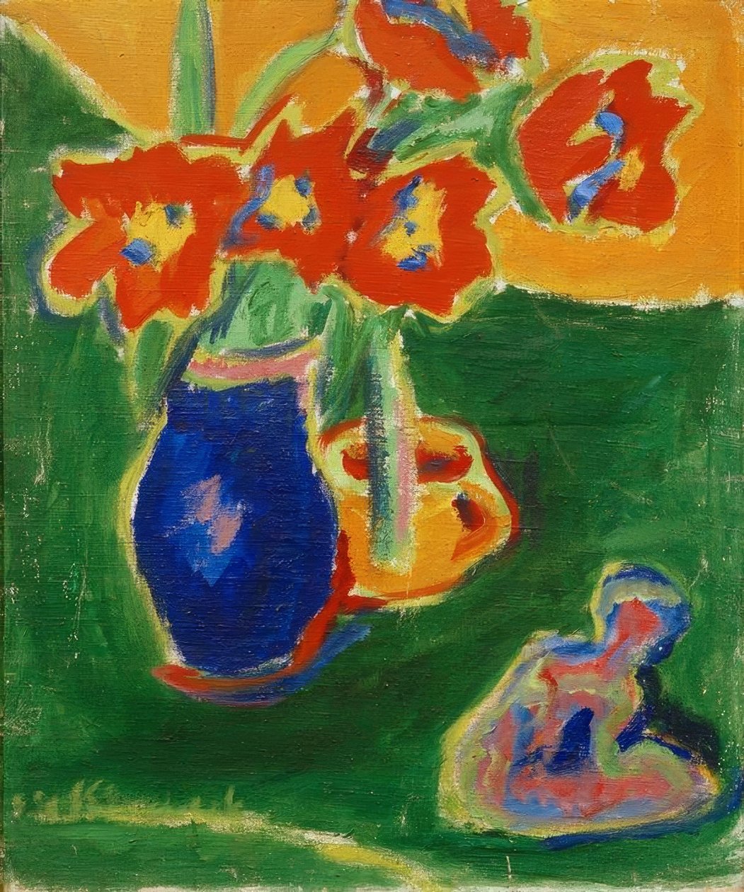 Piros tulipánok egy kék vázában egy szoborral alkotó: Ernst Ludwig Kirchner