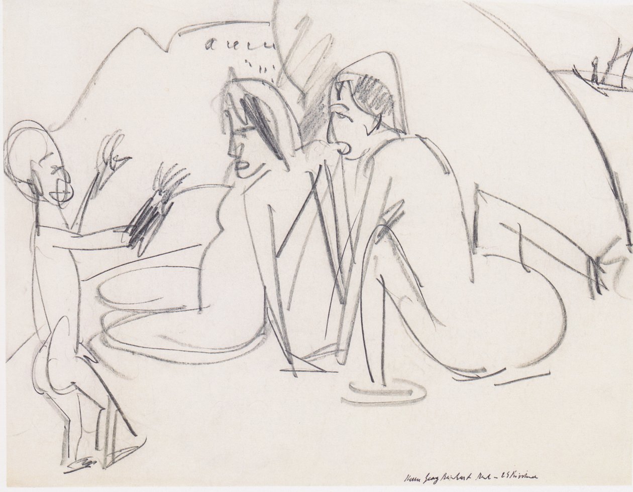 Két nő és szobor a tengerparton alkotó: Ernst Ludwig Kirchner