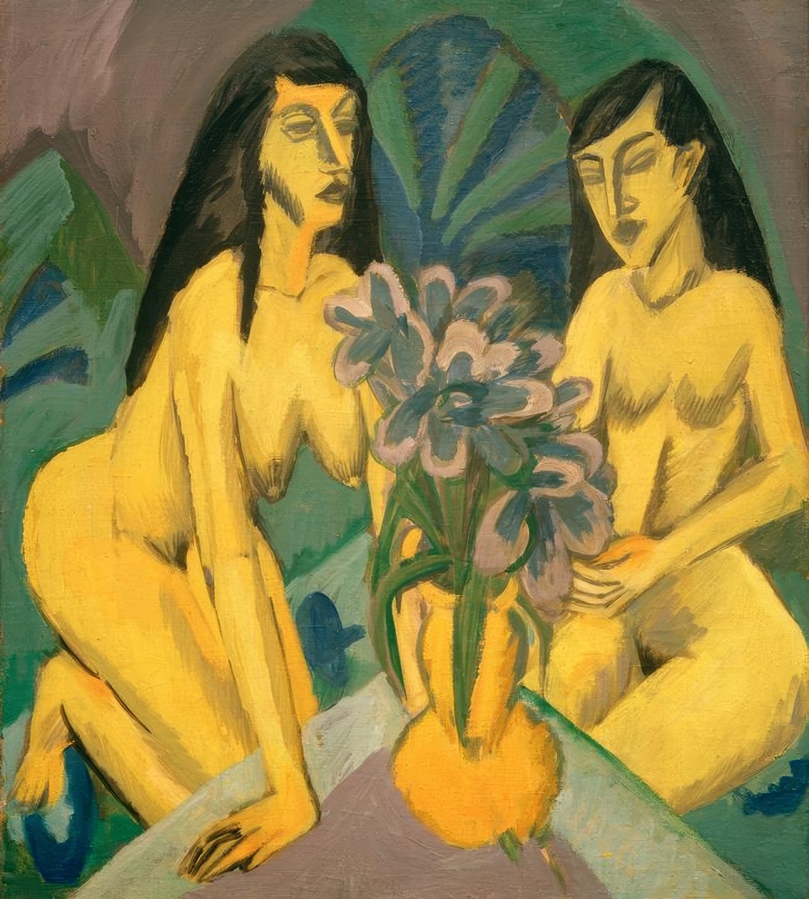 Két sárga akt egy csokor virággal alkotó: Ernst Ludwig Kirchner