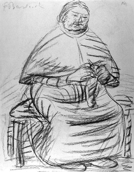 Öregasszony kötöget (szén, papír) (fekete-fehér fotó) alkotó: Ernst Barlach