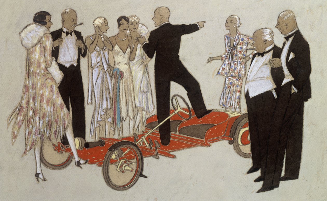 Hölgyek és urak csoportja estélyi ruhában, és egy Bugatti "Red Bug"-ban állva hallgat egy hangszórót. alkotó: Ernst Deutsch Dryden