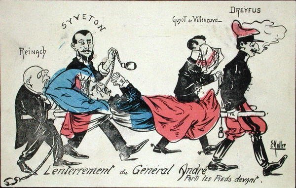 Andre tábornok temetése, lábfejét Joseph Reinach (1856-1921), Gabriel Syveton (1864-1904), Guyot de Villeneuve és Alfred Dreyfus (1855-1935) 1913 (kézzel színezett rézkarc) alkotó: Ernst Emmanuel Muller