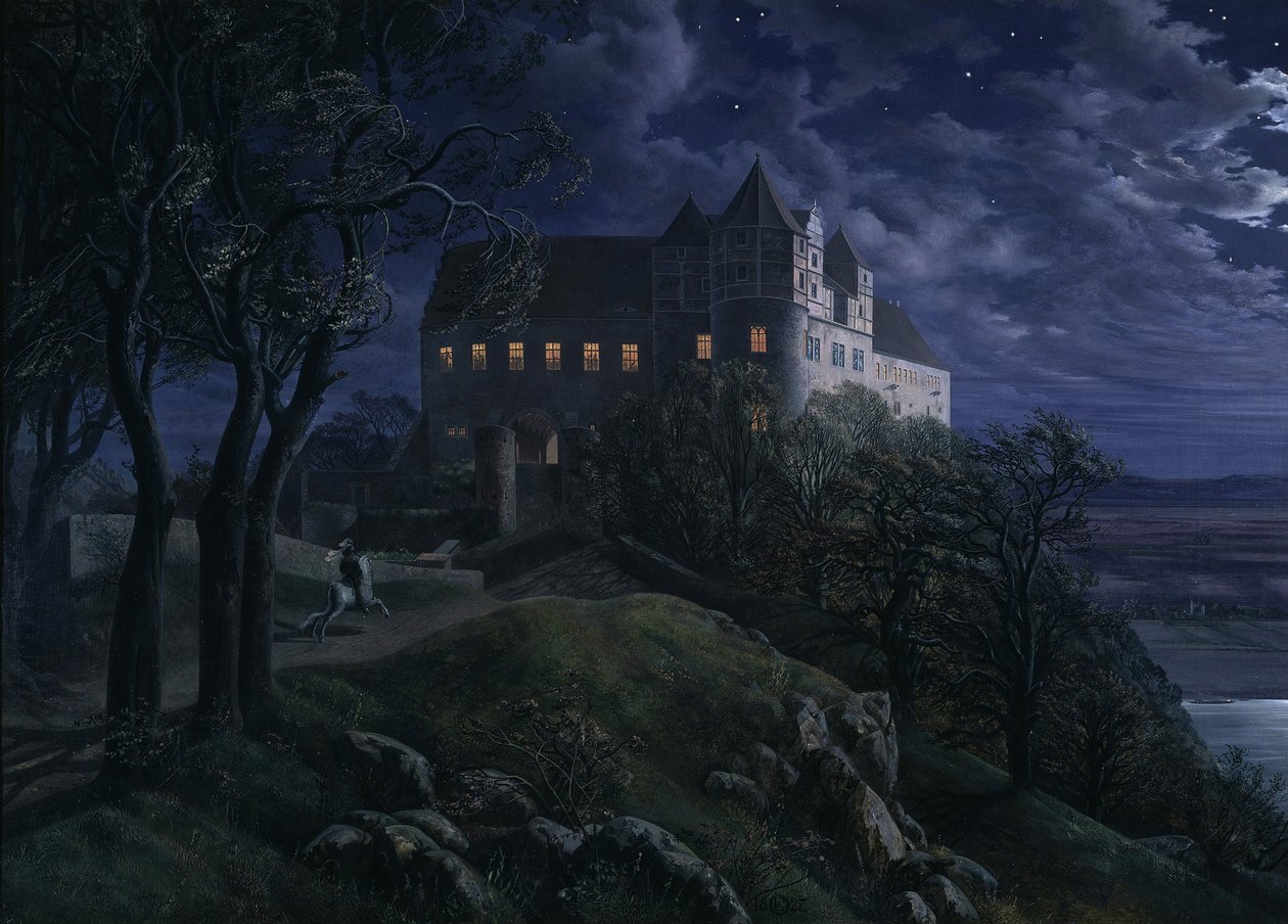 Scharfenberg kastély éjjel, 1827 alkotó: Ernst Ferdinand Oehme
