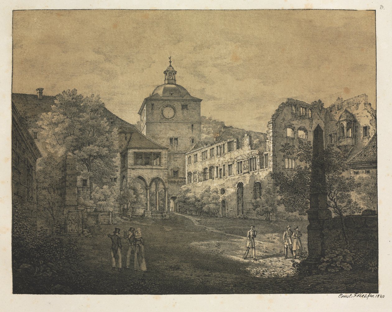 Hat kilátás a heidelbergi kastélyra: Kastélyterasz, 1820. alkotó: Ernst Fries