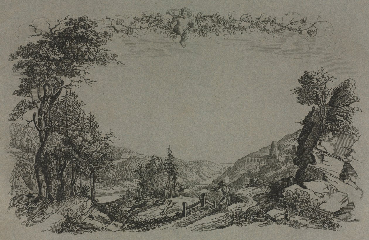 Hat nézet a heidelbergi kastélyról: borító, vadászjelenet, 1820. alkotó: Ernst Fries