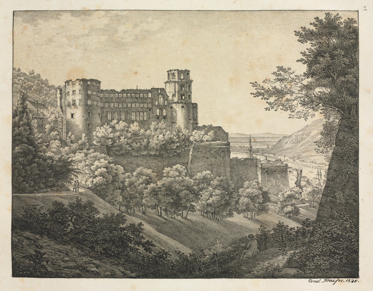Hat nézet a heidelbergi kastélyról: északkelet felé, 1820. alkotó: Ernst Fries