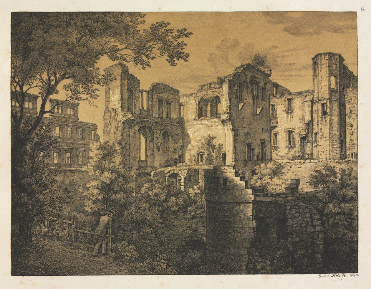 Hat nézet a heidelbergi kastélyról: Nyugati rész, 1820. alkotó: Ernst Fries