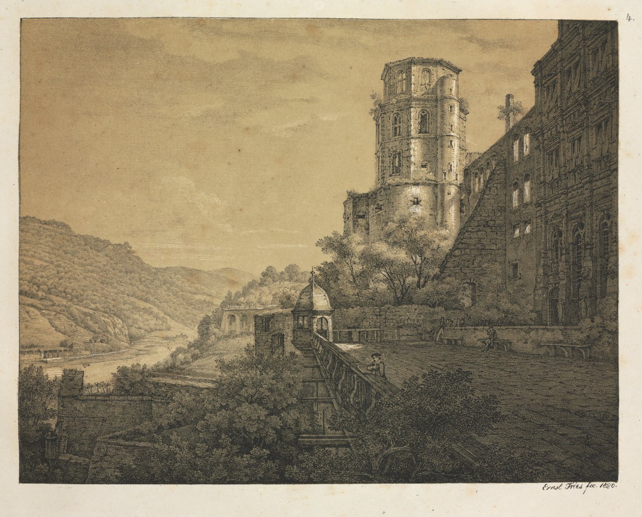 Hat kilátás a heidelbergi kastélyra: udvar, a bejáratnál, 1820. alkotó: Ernst Fries