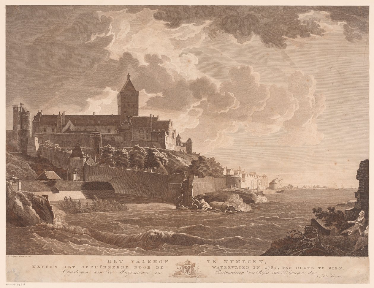 Kilátás a nijmegeni Valkhofra A nijmegeni Valkhof, az 1784-es árvíz által lerombolt mellett, keletre (cím az objektumon) alkotó: Ernst Karl Gottlieb Thelott