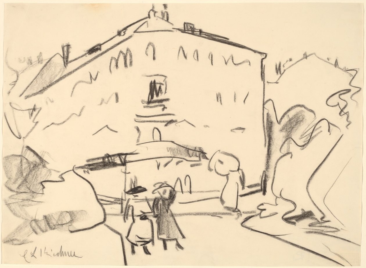 Házak Drezdában sétáló emberekkel, 1909. alkotó: Ernst Ludwig Kirchner