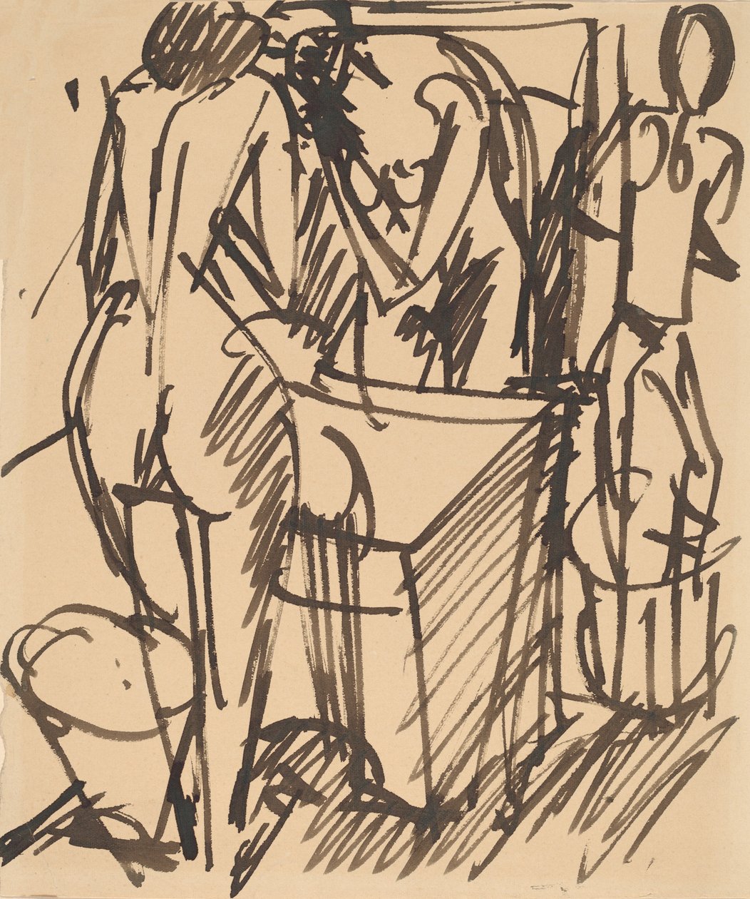 Akt tükörrel, Mosdóállvány előtt állva, 1908-1910. alkotó: Ernst Ludwig Kirchner