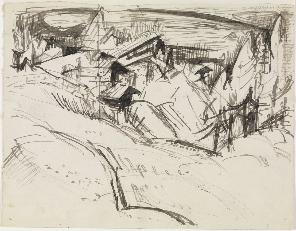 Alp, kunyhókkal és fenyőkkel alkotó: Ernst Ludwig Kirchner