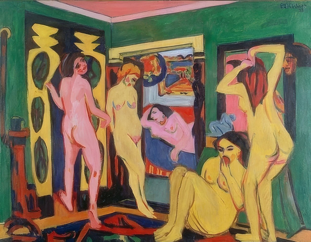 Fürdőzők a szobában. 1909/10 - revízió 1925 után alkotó: Ernst Ludwig Kirchner