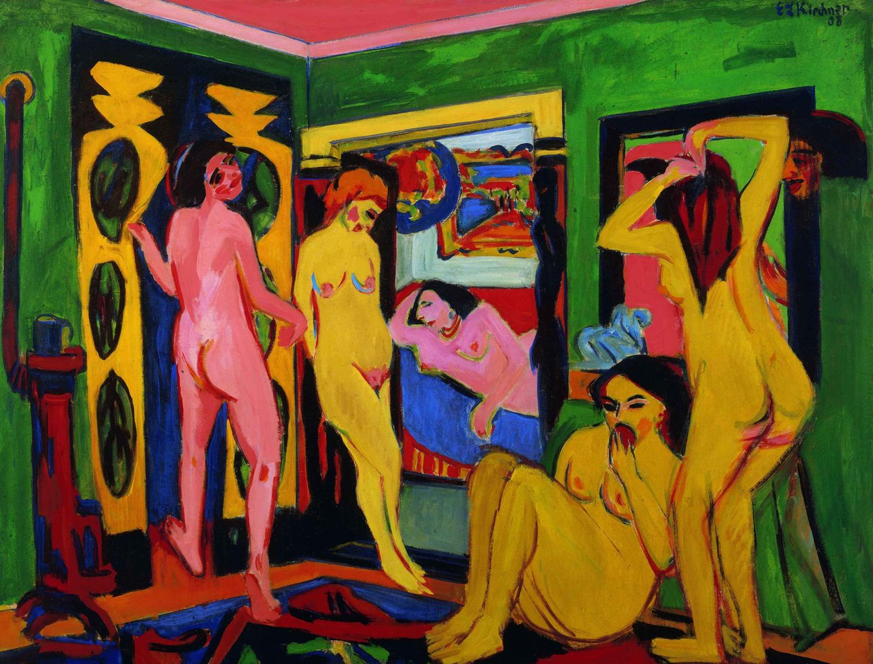 Fürdőzők egy szobában, 1909-1926 után. alkotó: Ernst Ludwig Kirchner