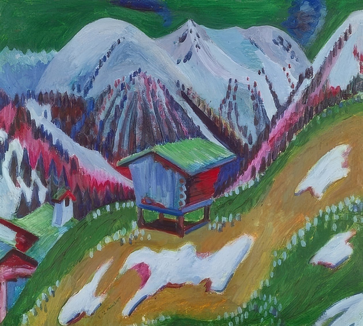 Hegyi táj alpesi kunyhóval. 1922 körül alkotó: Ernst Ludwig Kirchner