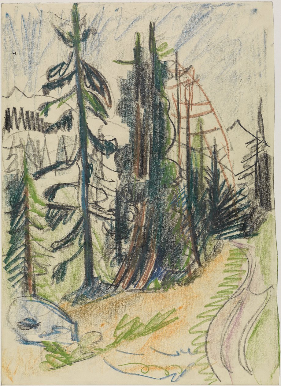 Hegyi fenyők és út alkotó: Ernst Ludwig Kirchner