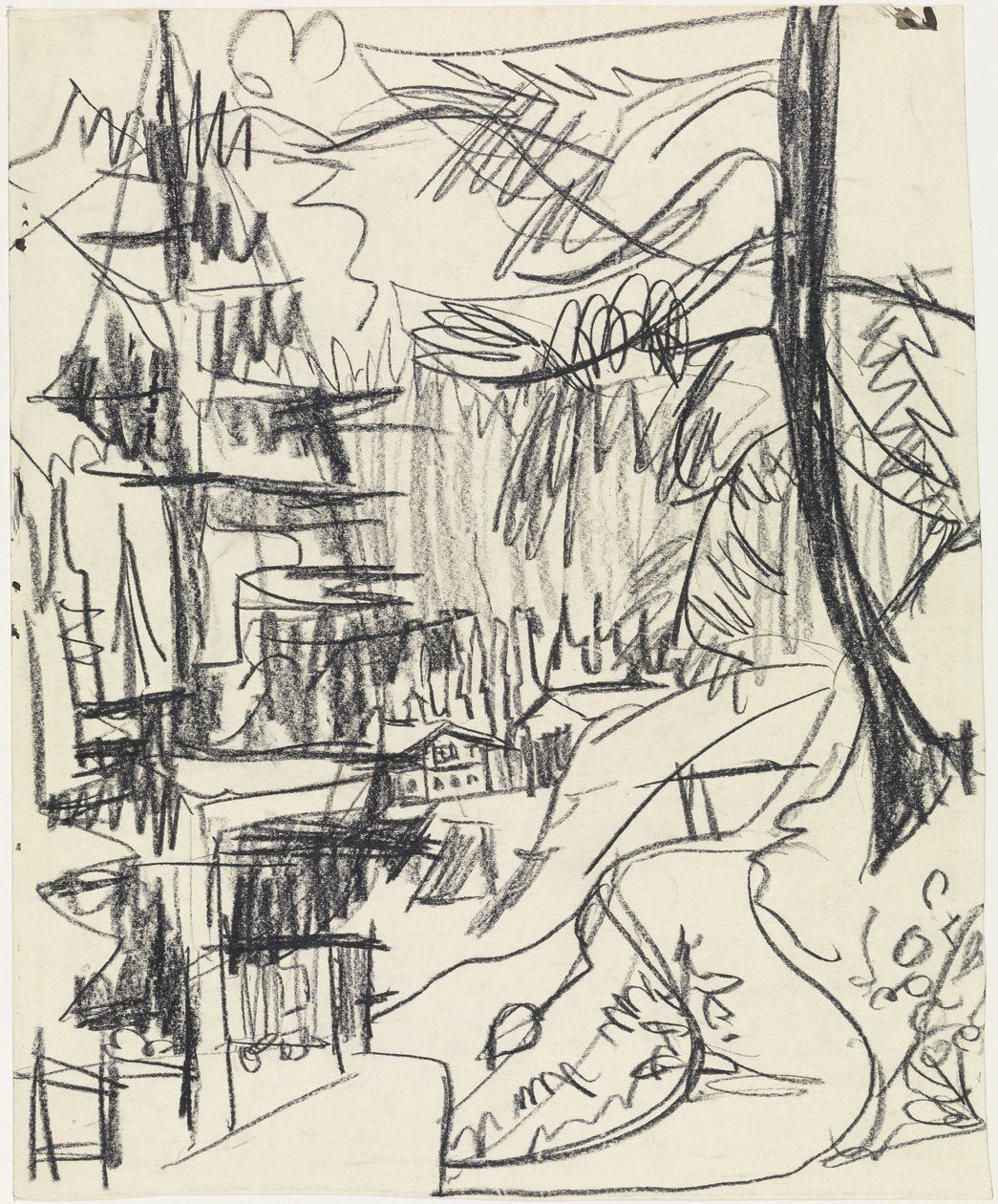Hegyi erdő és hegyi kunyhók alkotó: Ernst Ludwig Kirchner