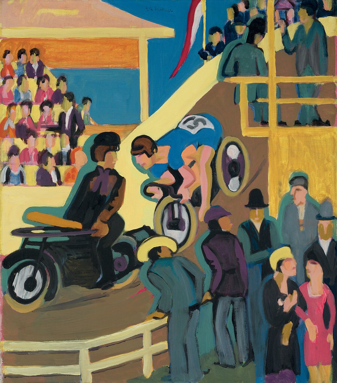 Kerékpárverseny motorváltóval; Kerékpárversenyek motorizált címekkel, 1927-1928 alkotó: Ernst Ludwig Kirchner