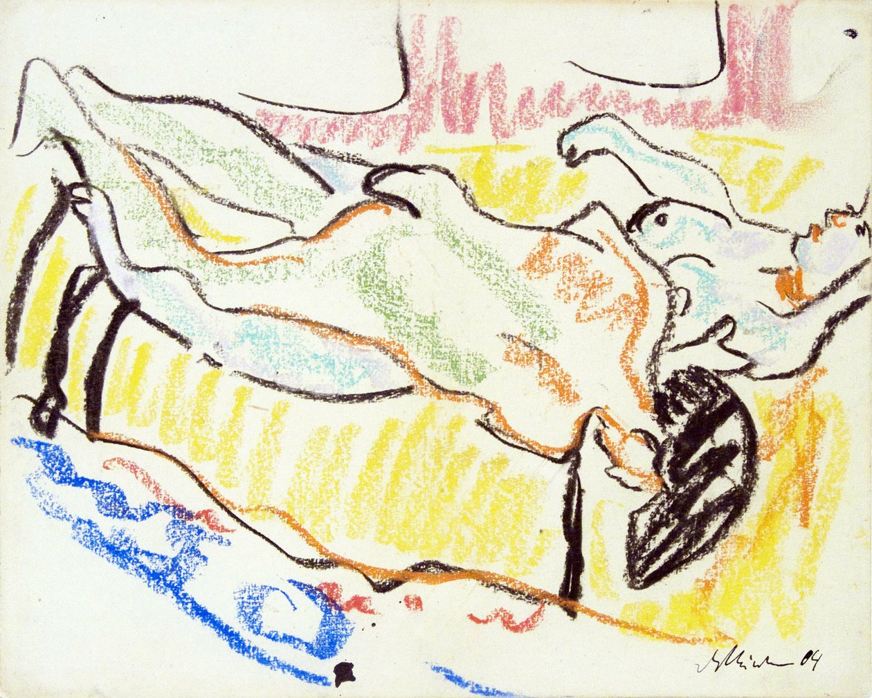 Szerelmes pár a műhelyben. Két akt. (Szerelmes pár a stúdióban. Két akt). Ernst Ludwig Kirchner (1880-1938) munkája, pasztell, papír alkotó: Ernst Ludwig Kirchner