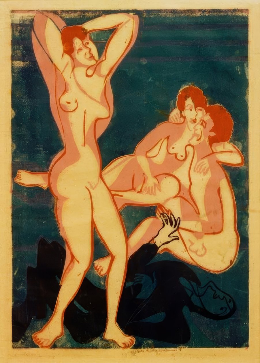 Három akt és egy férfi fekszik alkotó: Ernst Ludwig Kirchner