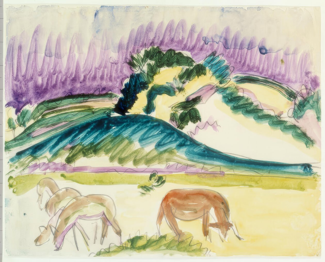 Három legelésző szarvas és egy tehén Fehmarnban alkotó: Ernst Ludwig Kirchner