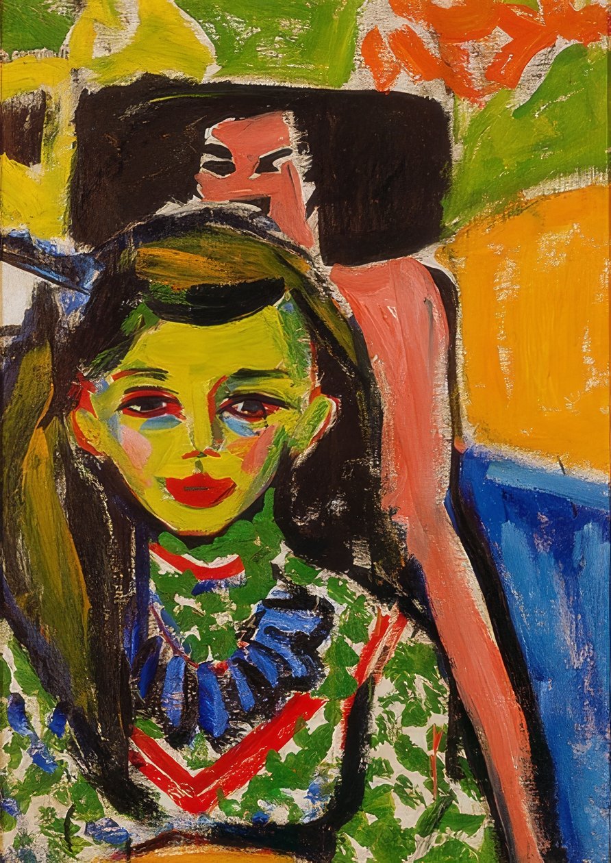 Fränzi egy faragott szék előtt. 1910 alkotó: Ernst Ludwig Kirchner
