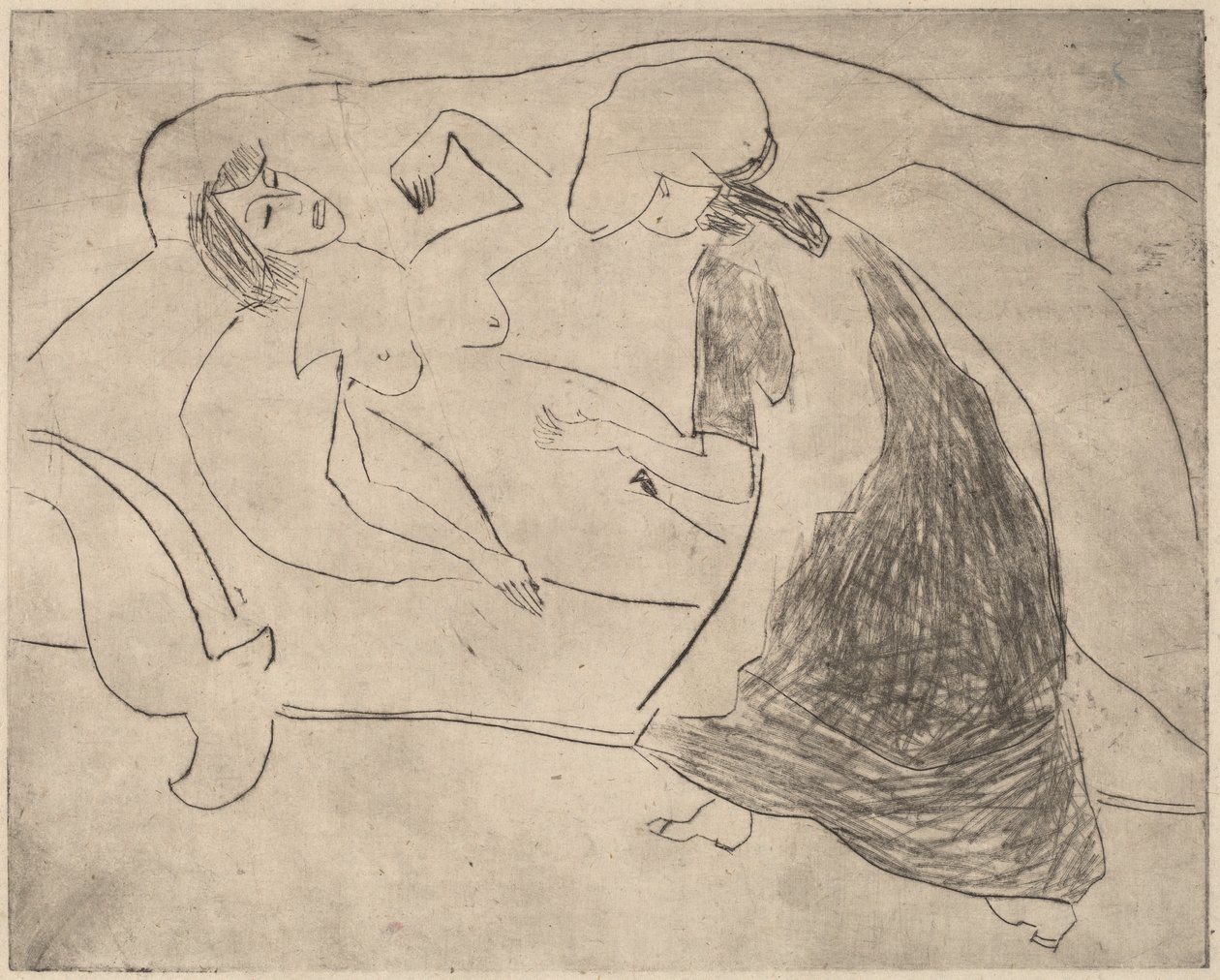 Lány, egy másik dörzsöli a hasát alkotó: Ernst Ludwig Kirchner