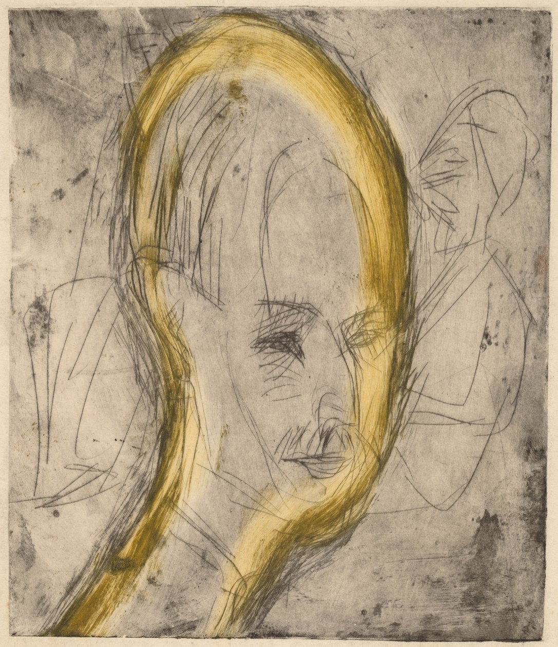 Dr. Bauer vezetője, 1921 (maratás és szárazhegy fekete színnel, sárga monotípia törléssel) alkotó: Ernst Ludwig Kirchner