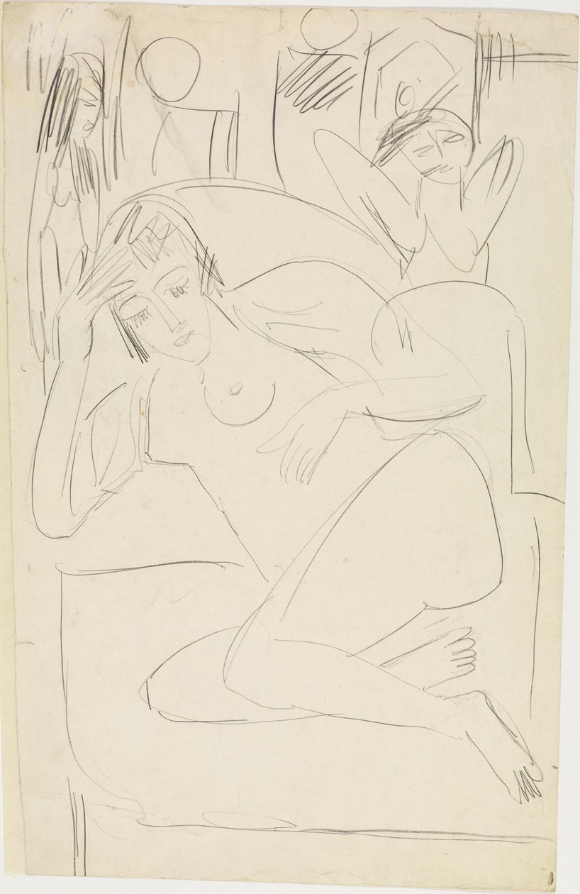 Fotelben kuporgó női akt, fából készült figurákkal alkotó: Ernst Ludwig Kirchner