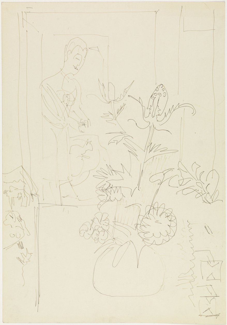Belső tér virágvázával, nővel és macskával alkotó: Ernst Ludwig Kirchner