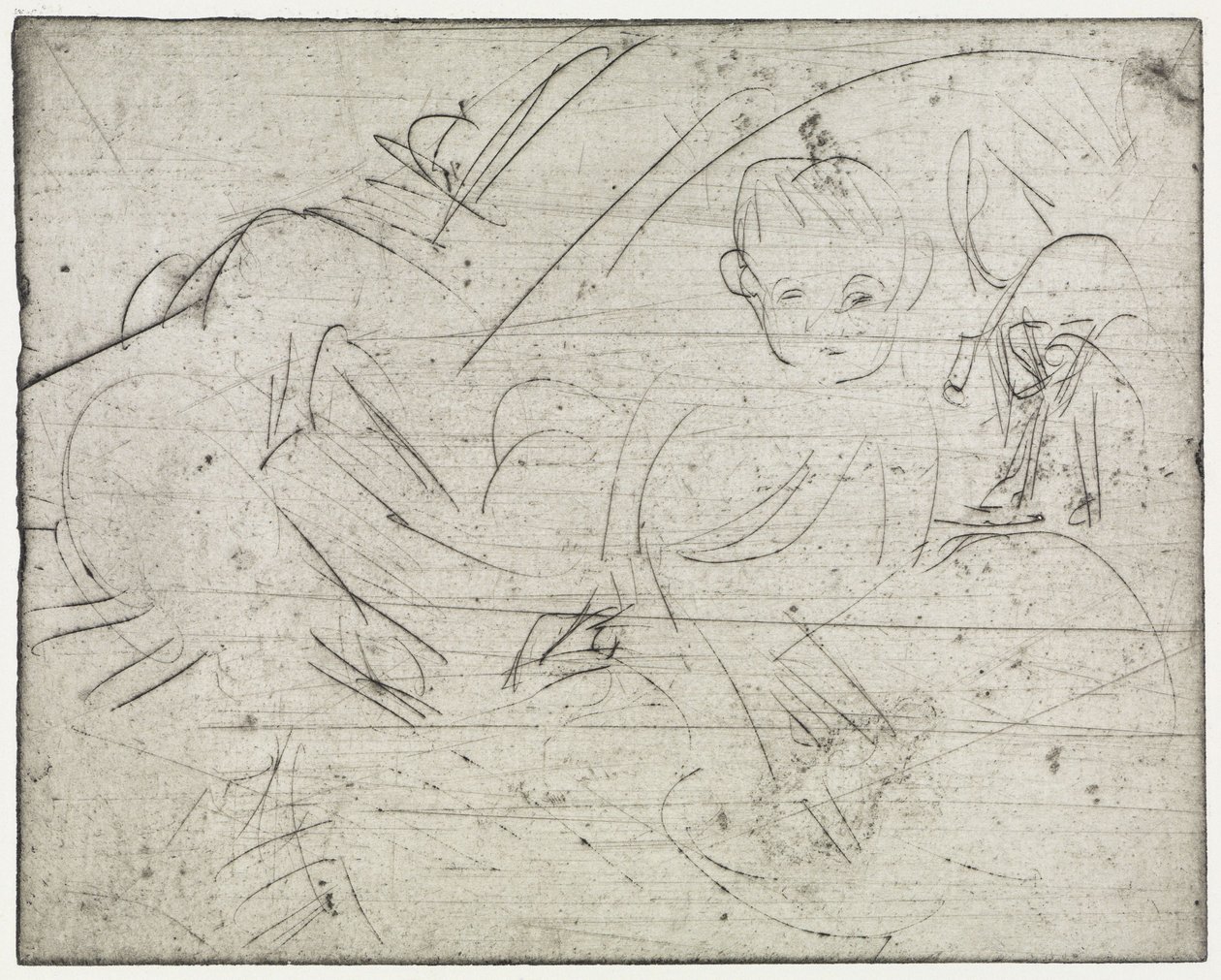 Gyerekek japán napernyővel / Fekvő kisfiú és macska alkotó: Ernst Ludwig Kirchner